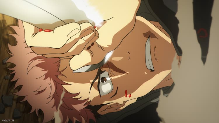 Yuji is holding the blade of a sword, stopping it from stabbing his face. He has a determined look on his face. Blood is dripping from his hand onto his face.
