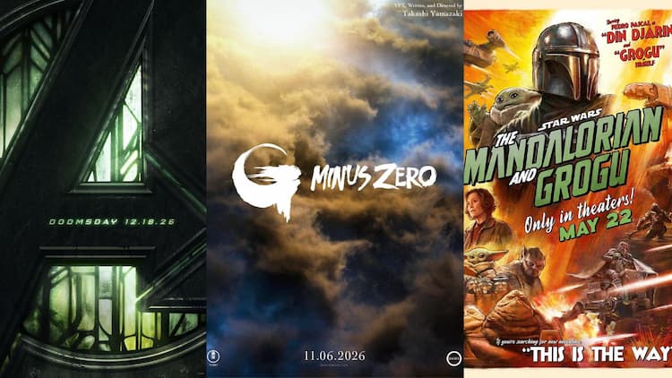 Film posters for Avengers: Doomsday, Godzilla Minus Zero, and Star Wars: The Mandalorian and Grogu.